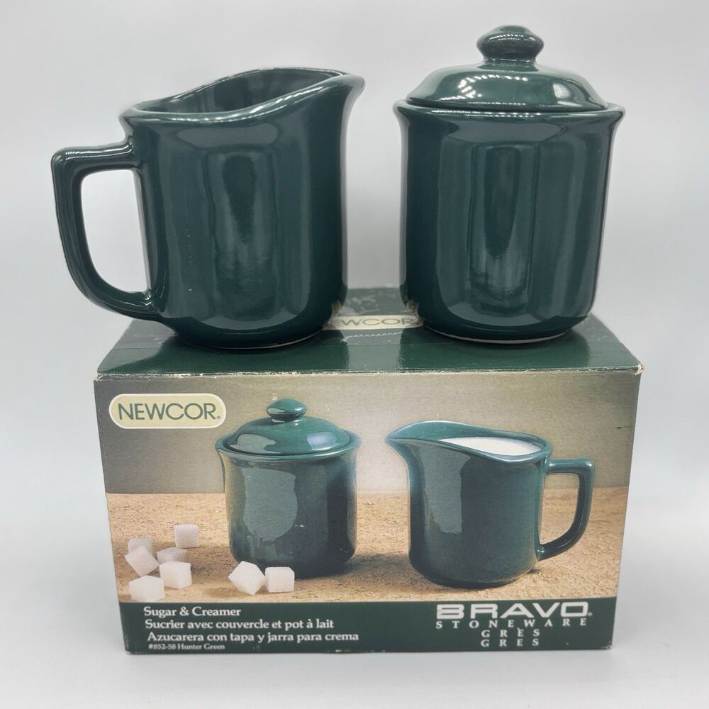 Vintage Newcor Bravo Stoneware Colbalt Green Sugar And Creamer